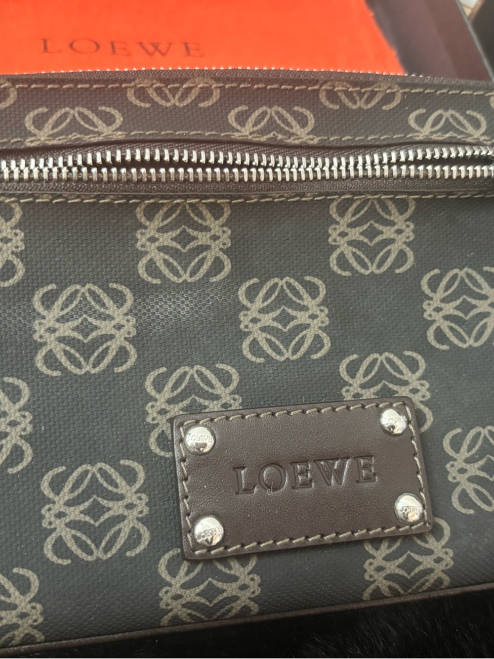Loewe Brown Monogram Canvas Zip Pouch with Silver Hardware
